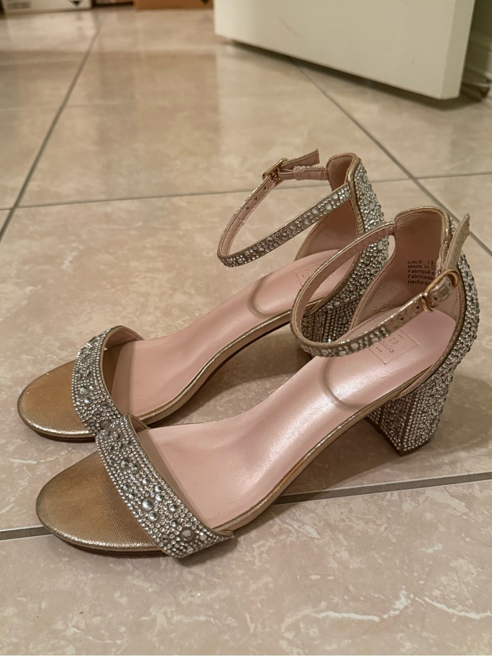 Crystal-Embellished Gold Block Heels with Ankle Strap